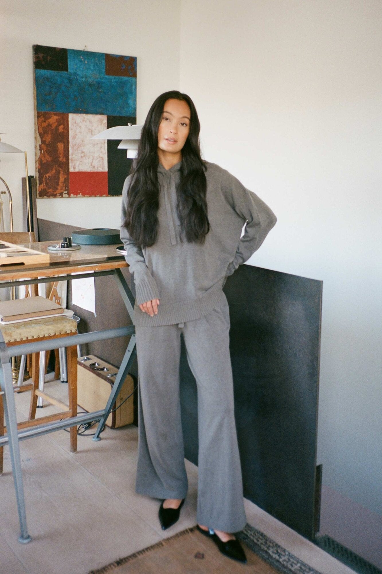 Filine Lounge Wide strikkede bukser - Mole Melange